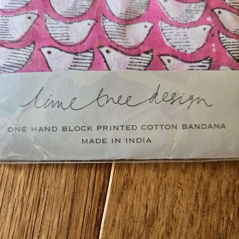 Lime Tree Design Pink Bird Hand Block Printed Cotton Bandana Scarf 51cm x 51cm